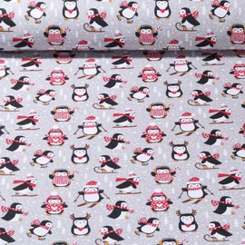 Baumwoll-Webware Lustige Pinguine Grau