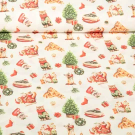 Baumwoll-Webware Weihnachtskatzen Weiß