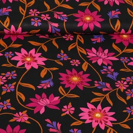 Baumwollvoile Blumenranken Schwarz