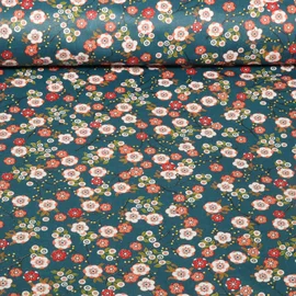Beschichtete Baumwolle Blumen Japan Petrol