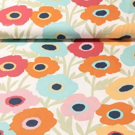 Beschichtete Baumwolle Fröhliche Blumen Ecru
