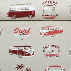 Canvas VW Bulli California Paradise Beige Rot Leinenoptik