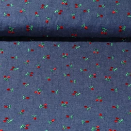 Chambray Bestickt Kirschen Blau