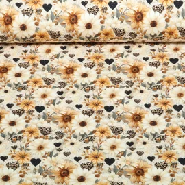 Jersey Digitaldruck Blüten Kleine Leoherzen Beige