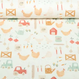 Jersey Little Jax Digitaldruck Hühnerhof Ecru