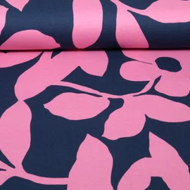 Romanit Jersey Blätter und Blüten Navy Rosa