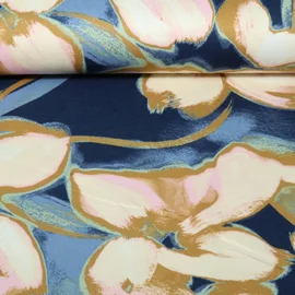 Romanit Jersey Große Blumen Blau Beige
