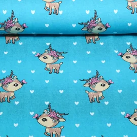 Sommersweat Glitzerpüppi French Terry Digitaldruck Kleiner Hirsch Türkis