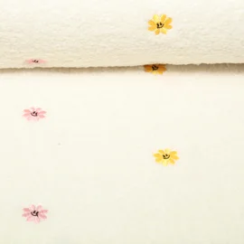 Teddystoff Bestickt  Blumen Ecru Gelb