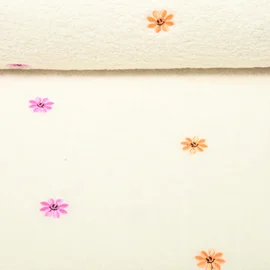 Teddystoff Bestickt  Blumen Ecru Orange