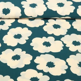 Viskos Popeline Blüten Petrolgrün Ecru