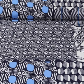 Viskos Popeline Mustermix Ecru Blau