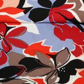 Viskose Große Blüten Hellblau Rot EcoVero By Lenzing