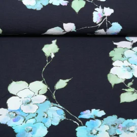 Viskose Plisseeoptik Blumen Navy