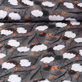 Viskose Popeline Blumen Anthrazit