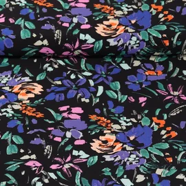 Viskose Popeline Blumenmalerei Schwarz