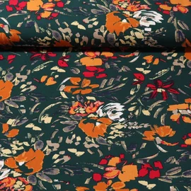 Viskose Popeline Blumenmalerei Tannengrün