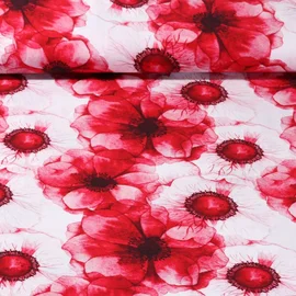 Viskose Popeline Bunte Blüten Ecru Rot