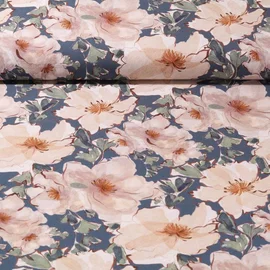 Viskose Popeline Stretch Blüten Petrolblau