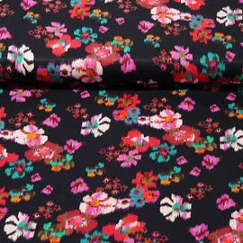 Viskose Satin Blüten Schwarz