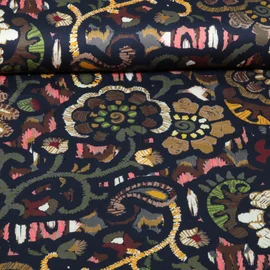 Viskose Satin Blumen Ethno Navy Gelb