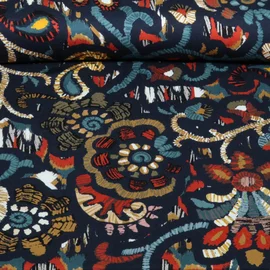 Viskose-Satin Blumen Ethno Navy