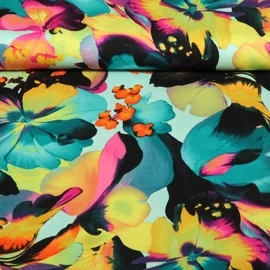 Viskose Satin Blumen Türkis Multicolor