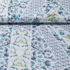 Viskose Satin Blumen Weiß Blau