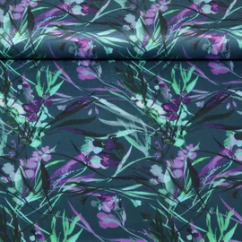 Viskose Satin Digitaldruck Blätter Petrol