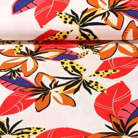 Viskose Stretch Tropische Blüten Ecru