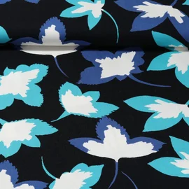 Viskose Twill Blätter Schwarz Türkis