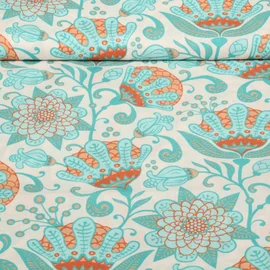 Viskose Voile Beach Kollektion Türkise Blumen Weiß