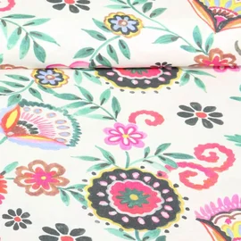 Viskose Webware Gemalte Blumen Weiß Multicolor