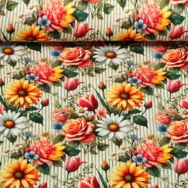 Viskosejersey Digitaldruck Blüten Gestreift Multicolor