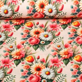 Viskosejersey Digitaldruck Blüten Schmale Streifen Rosa