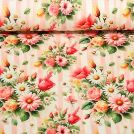 Viskosejersey Digitaldruck Blüten Streifen Rosa