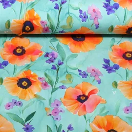 Viskosejersey Digitaldruck Mohnblumen Türkis