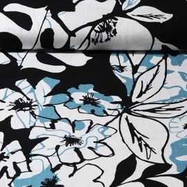 Viskoseleinen Große Blumen Ecru Blau