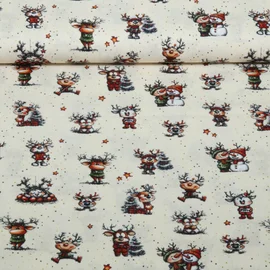Weihnachtspopeline Fröhliche Rentiere Ecru