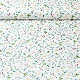 Weihnachtspopeline Hirsche und Blätter Ecru Gold