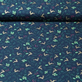 Weihnachtspopeline Hirsche und Blätter Navy Gold