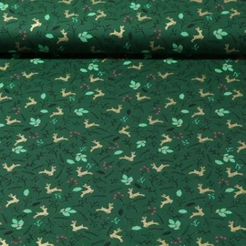 Weihnachtspopeline Hirsche und Blätter Tannengrün Gold