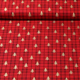 Weihnachtspopeline Karo Bäume Rot Gold