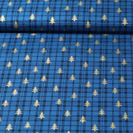 Weihnachtspopeline Karo Bäume Royalblau Gold