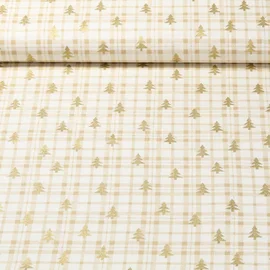 Weihnachtspopeline Karo Bäume Wollweiß Gold