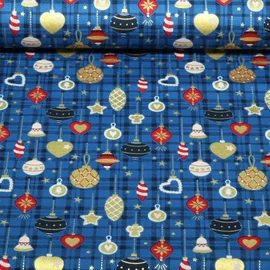 Weihnachtspopeline Kugeln Karo Blau Gold