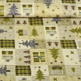 Weihnachtspopeline Tannenbäume Patchwork Beige Grün