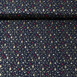Weihnachtspopeline Weihnachtsbäumchen Navy Gold