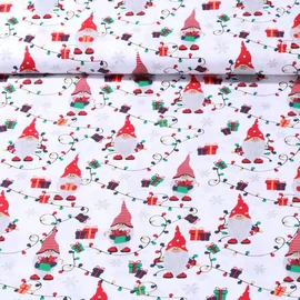 Weihnachtspopeline Wichtel Lichterkette Ecru