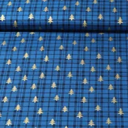 Weihnachtspopeline Karo Bäume Royalblau Gold